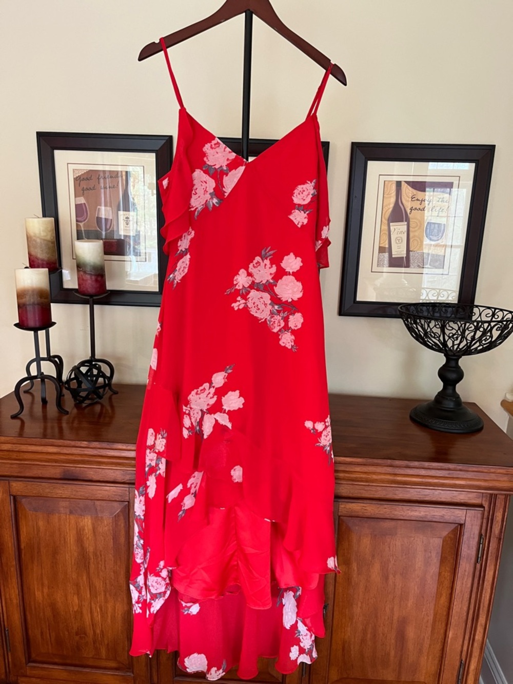 Lulu's Love in Bloom Red Floral Print Off-the-Shoulder High-Low Dress Large